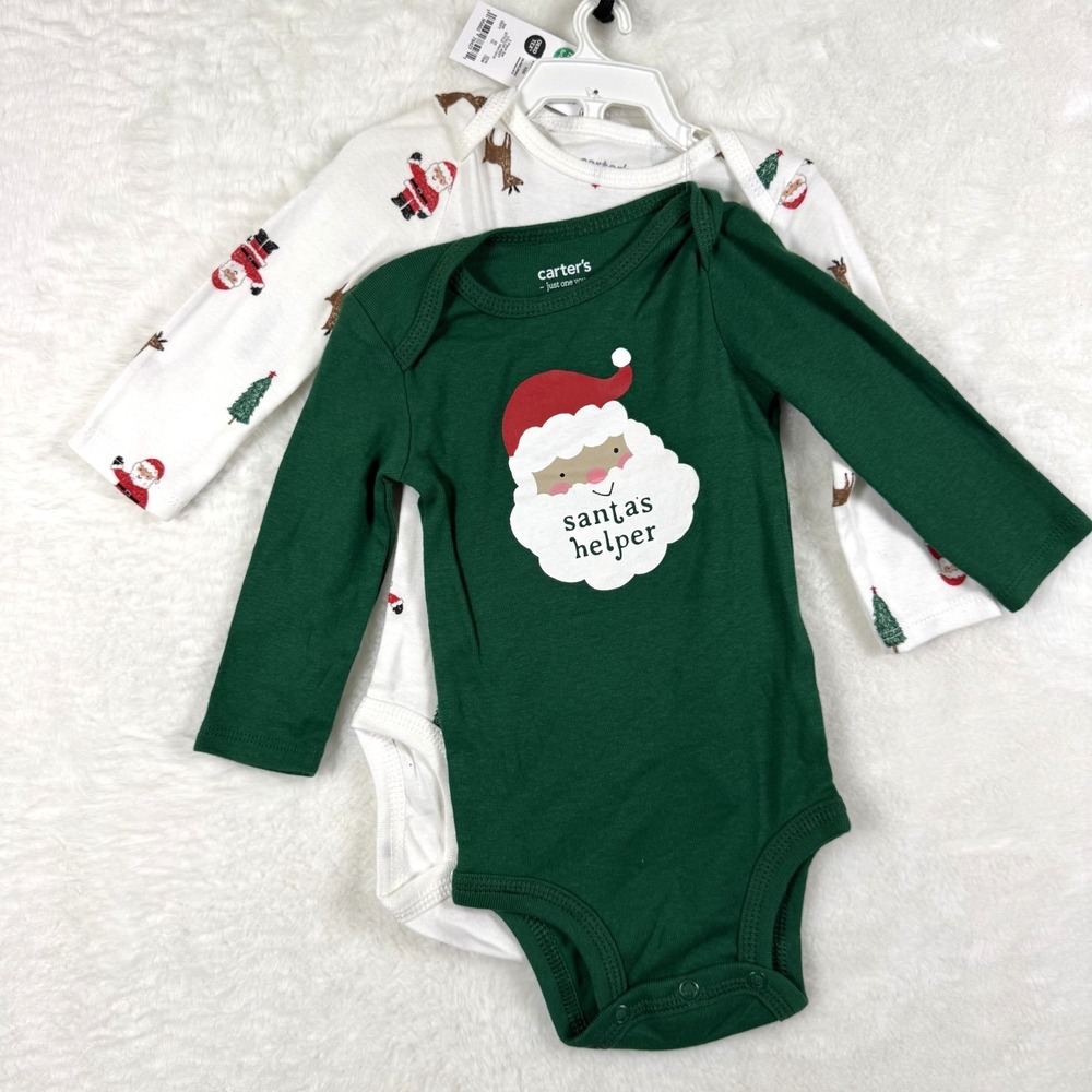 NEW Carter's Santa's Helper Size Six Months Two Long Sleeved Body Suits Cotton
